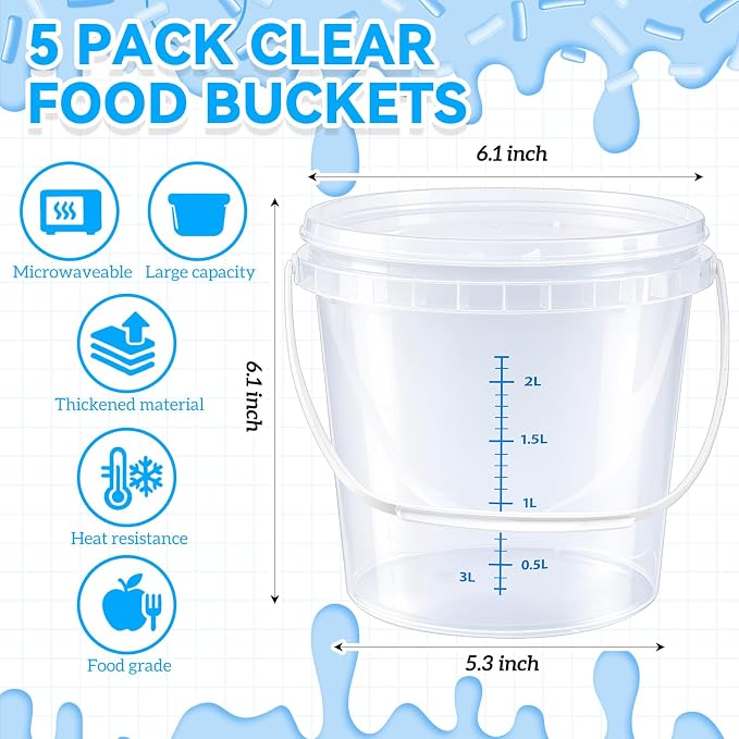 5 Pack 1 Gallon Clear Bucket with Lid Plastic Food Storage Containers for Kitchen Pantry, Meal Prep, Snack, Rice, Flour, Pet Food-Transparent Bucket with Scale Marks, 4 Quart