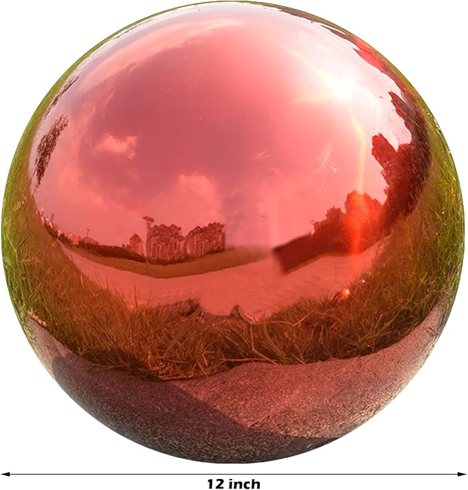 Gazing Ball Garden Mirror Outdoor - 12 Inch Outside Decorative Globe, Red | Metal Polished Reflective Sphere, Stainless Steel Hollow Decoration Ornament for Home Pond Swimming Pool Housewarming Gift