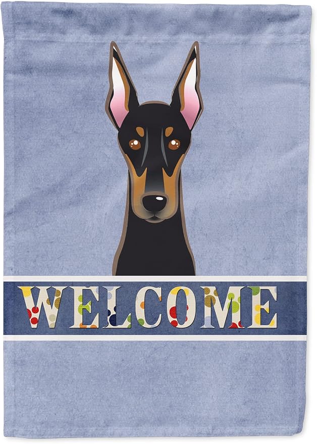 Caroline's Treasures BB1431CHF Doberman Welcome House Flag, Blue Large Porch Sleeve Pole Decorative Outside Yard Banner Artwork Wall Hanging, Polyester, House Size, Multicolor