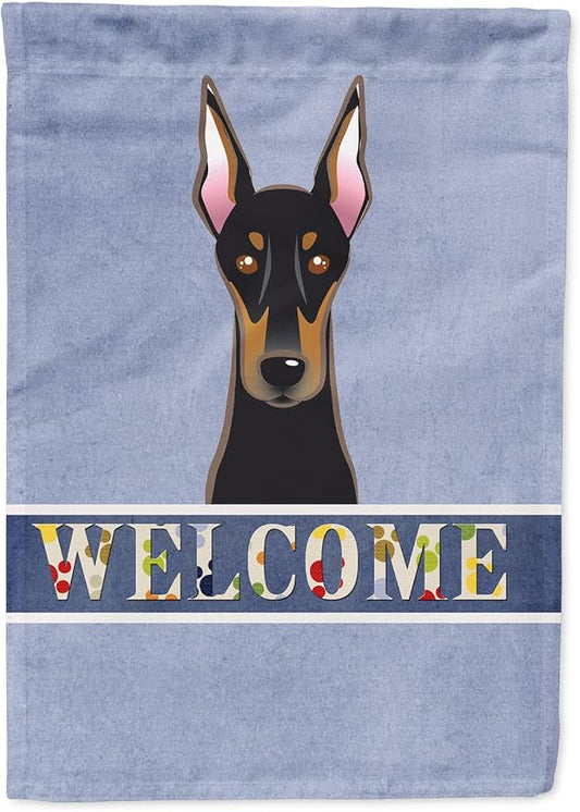 Caroline's Treasures BB1431CHF Doberman Welcome House Flag, Blue Large Porch Sleeve Pole Decorative Outside Yard Banner Artwork Wall Hanging, Polyester, House Size, Multicolor