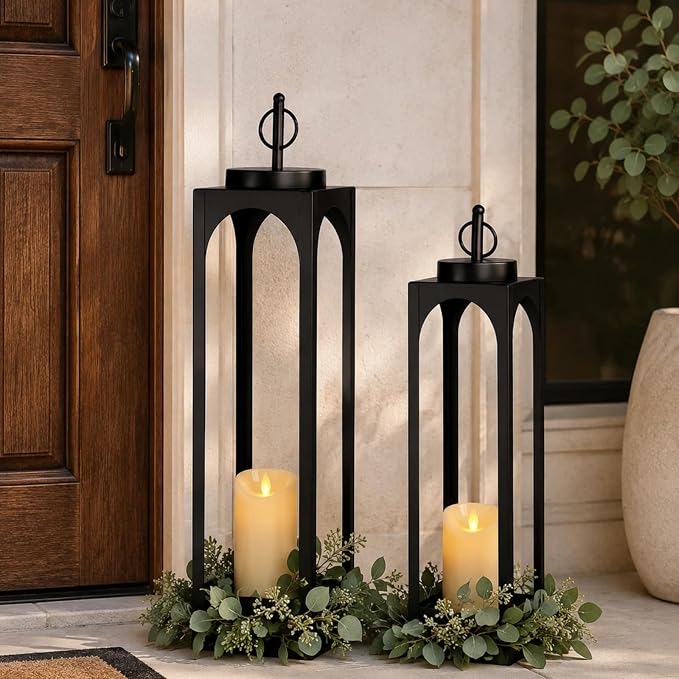 MATAHUM 24" 19" Large Lanterns Decorative Outdoor Indoor, 2 Pcs Black Metal Floor Candle Lanterns with Candle, Farmhouse Lantern Decor Outdoor Lanterns for Front Porch, Fireplace Mantel, Patio, Garden