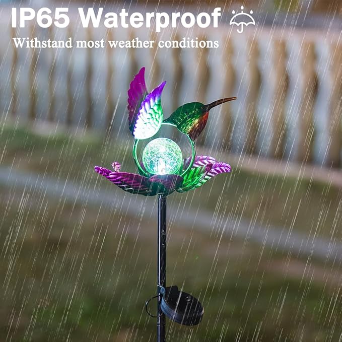 Solar Wind Spinners Outdoor,Green Hummingbird Garden Wind Spinner for Yard Art Lights,Waterproof LED Cracked Glass Ball Pinwheel for Outdoor Yard Lawn Patio Decorations
