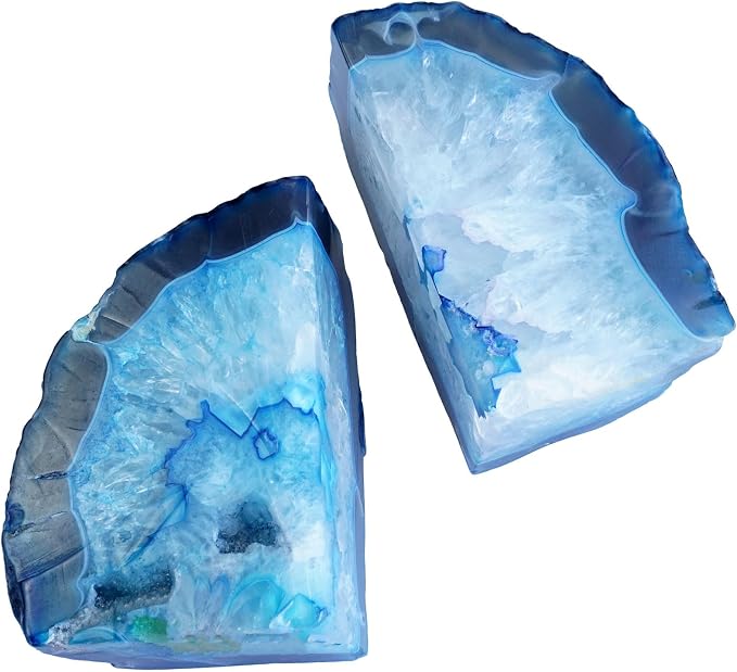 Natural Teal Dyed Agate Geode Bookends - 2 to 3 lb Heavy Duty Rock Crystal Stone Book Ends for Shelves, with Rubber Bumpers, Decorative Book Holders for Home Office