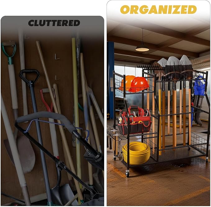 Garden Tool Organizer Rolling Cart Large Capacity Rust-Resistant Metal Tool Cart with Wheels Hooks Garage Shed Yard Outdoor Storage Rack Suitable for Long-Handled Tools/Rakes/Shovels
