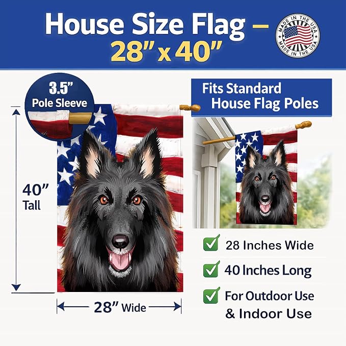 Caroline's Treasures CK6426CHF Belgian Groenendael American Flag House Flag Large Porch Sleeve Pole Decorative Outside Yard Banner Artwork Wall Hanging, Polyester, House Size, Multicolor