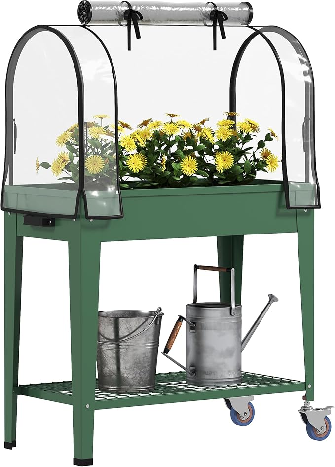 Outsunny Raised Garden Bed with Greenhouse Cover, Large Metal Outdoor Elevated Planter Box with Lockable Wheels, Storage Shelf and Drainage Hole for Vegetables, Flowers, Herbs, Green