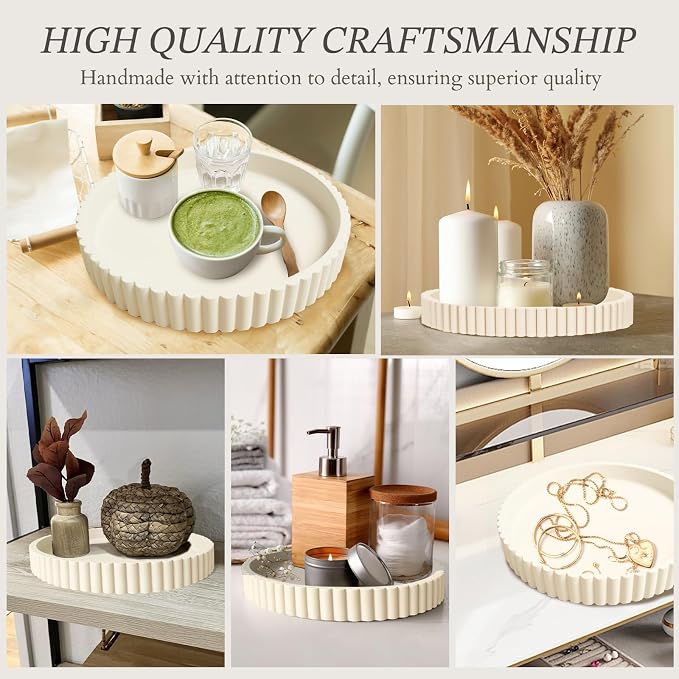 13" Round Concrete Decorative Centerpiece Tray for Coffee Table Cream | Modern minimalist centerpiece tray for coffee table, living room, dining & office storage display, sturdy tabletop home decor