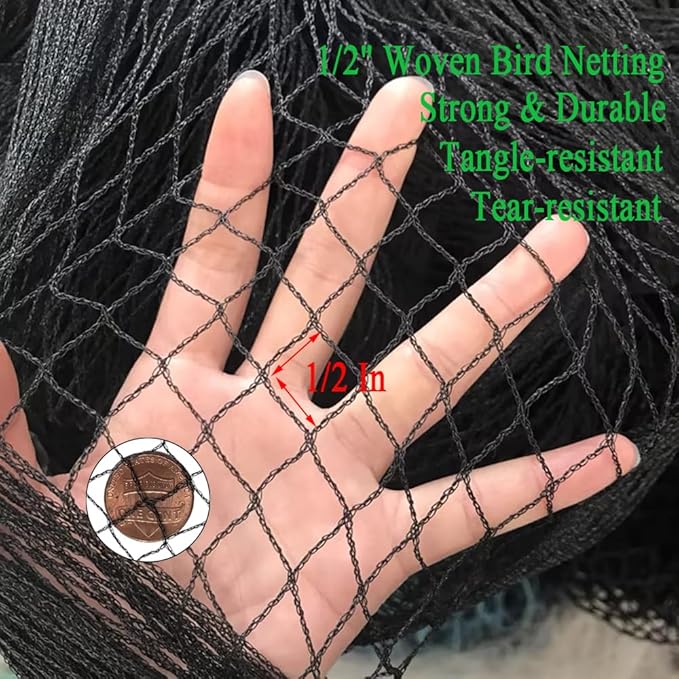Bird Netting 10X50 FT, 1/2" Mesh, Strong Woven Garden Netting for Plants, Fruit Trees, Blueberry Bushes, Vegetables, Strawberry Protection, Against Bird, Deer, Squirres, Poultry, Small Animals