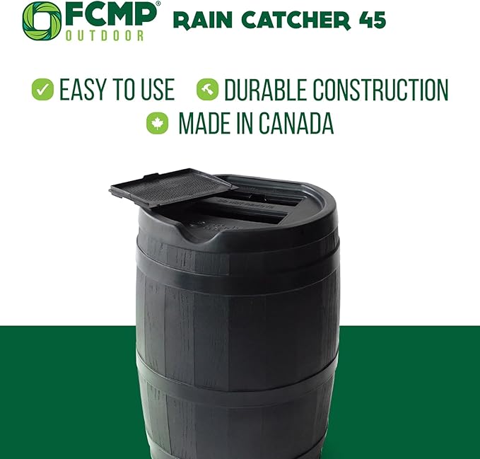 FCMP Outdoor RC45 45-Gallon Rain Barrel, Flat-Back Gutter Downspout Collector, Black - Includes 3.5-ft Hose, Shut-Off Valve & Debris Screen for Garden Rainwater Harvesting