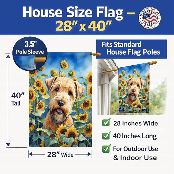 Caroline's Treasures DAC6175CHF Wheaten Terrier in Sunflowers House Flag Large Porch Sleeve Pole Decorative Outside Yard Banner Artwork Wall Hanging, Polyester, House Size, Multicolor