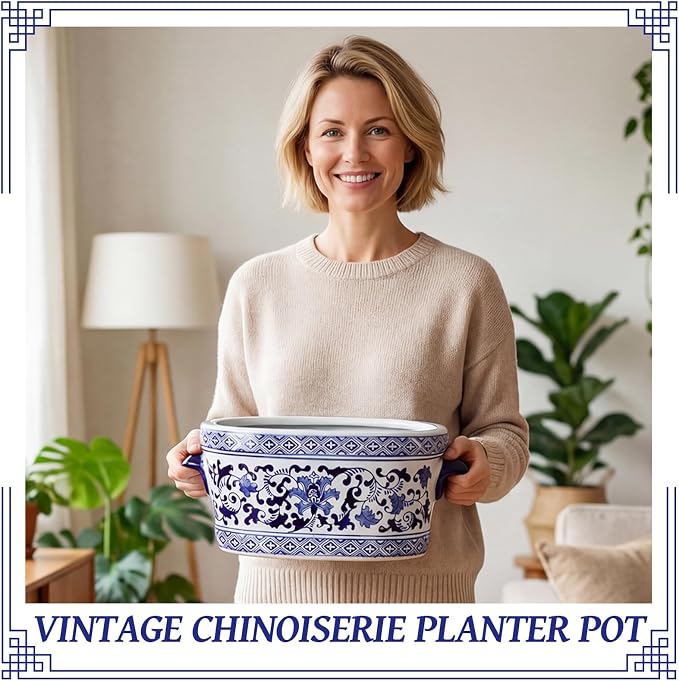 LemonRoad Blue and White Ceramic Planter Pot 14 x 7.7 x 6.1 inches Porcelain Vintage Floral Oval Cachepot Vase Chinoiserie Decor for Indoor Plants Flowers Succulents Home Living Room(Elegant Style)