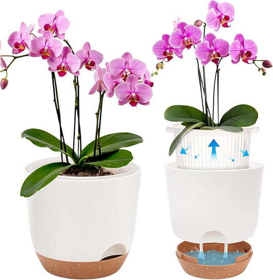3Packs 7.2 Inch Self Watering Orchid Pots for Indoor Plants,Macetas para Orqudeas,Flower Pots for Indoor Plants with Holes（White）