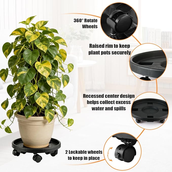 5-pack 11.8" Large Plant Caddy with Wheels Plastic Plant Dolly with Locking Caster Flower Pot Mover Rollers Wheeled Rolling Plant Stands Round Plant Saucer on Wheels Indoor Outdoor Base Coasters Black