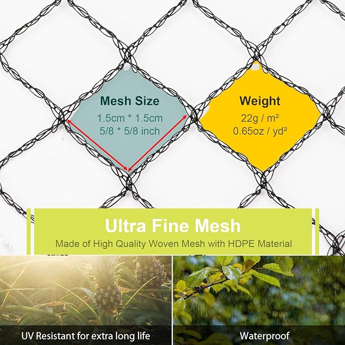 Bird Netting for Garden - 6.5 x 32.8 FT Heavy Duty Anti Bird Netting Mesh with Ties and Landscape Staples for Vegetable, Fruit Trees & Other Plants, Lasting Against Birds Deer Squirrels and Poultry