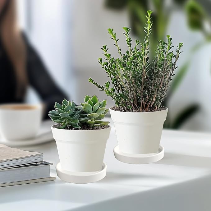 Yukfona Ceramic Plant Saucer Tray 4 Pcs 4 Inch White, 4.53" OD x4.13 ID x0.9 Deep| Fits Flower pots Bottom≤4.13", Heavy Duty Glazed Round Planter Drip with Catch Basin for Indoor Outdoor Plants | Glazed