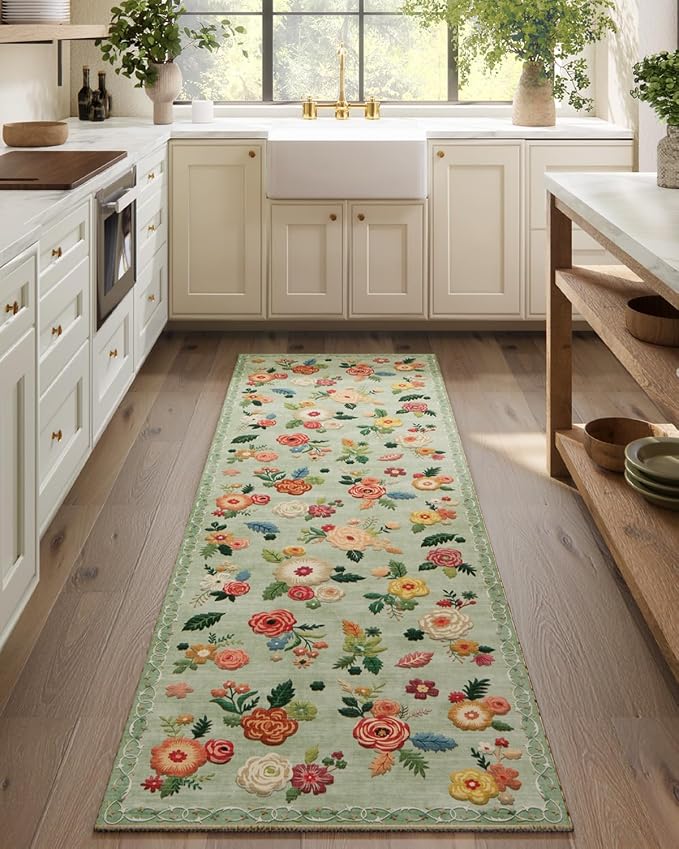 Machine Washable Rug Runners for Hallway: 2'6"x8' Kitchen Runner Rug with Rubber Backing Non Slip Low Pile Soft Faux Wool Non Shedding Lightweight Floral Floor Carpet Rugs for Entryway Bedroom Laundry