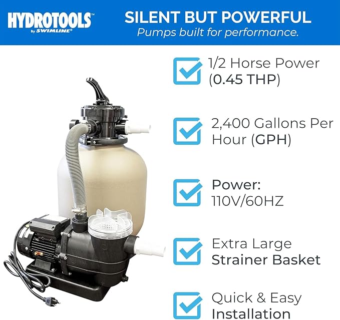 Swimline HYDROTOOLS Model 71236 Hydro-Flo Above-Ground Pool Replacement Pump, Vertical Discharge - 0.45 HP, 2,400 GPH, 115V/60Hz, Single Speed, for Sand, Cartridge & DE Filter Systems | Above-ground Pool Pump, 0.45 HP, 2, 400 GPH, Vertical Discharge, S...