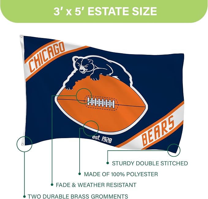 NFL Chicago Bears Vintage Logo 3' x 5' Outdoor Durable Flag with Grommets, Outdoor Banner for Garden Patio Decoration, Indoor Wall Decor Flag for Room, Works with Flag Poles for Outside House