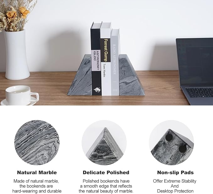 Karibiber Marble Bookends for Heavy Books, Decorative Book Ends for Shelves, Unique and Heavy-Duty Book Ends for Hardback Book & CDS, Stone Book Stopper, Modern Book Holder, Monte Grigi, Set of 2