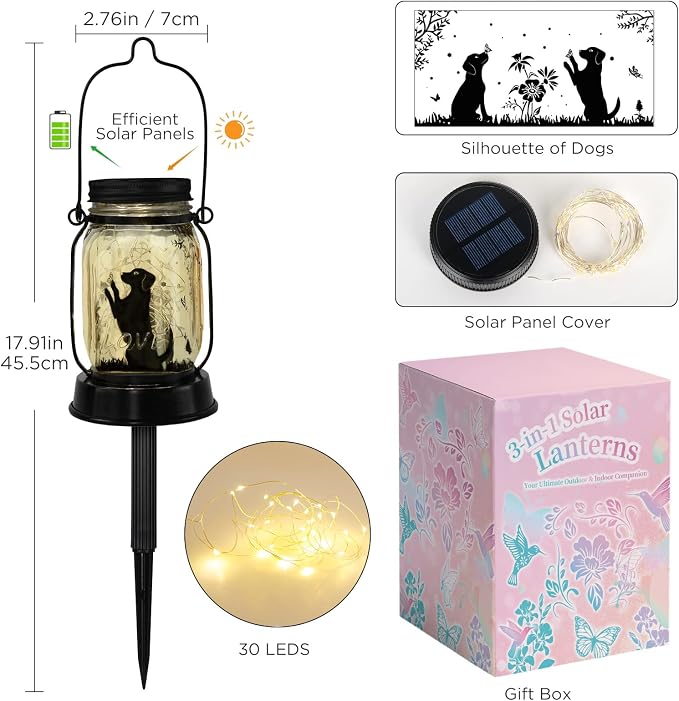 kyoryuger Dog Lover Gifts for Women/Mom/Grandma/Sister, Dog Butterfly Solar Lights Outdoor Hanging Dog Solar Lanterns Outdoor Fairy Lights, Puppy Decor for Yard Lawn Garden Patio Torch Birthday Gift