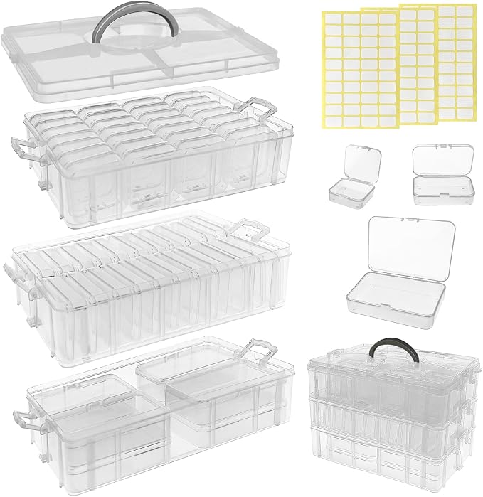 59 PCS Stackable Bead Organizer Box with Removable Cases, Labels & Handle | Clear Plastic Storage for Beads, Jewelry, Diamond Painting, Screws, Crafts, and Small Parts With Hinged lids