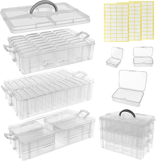 59 PCS Stackable Bead Organizer Box with Removable Cases, Labels & Handle | Clear Plastic Storage for Beads, Jewelry, Diamond Painting, Screws, Crafts, and Small Parts With Hinged lids