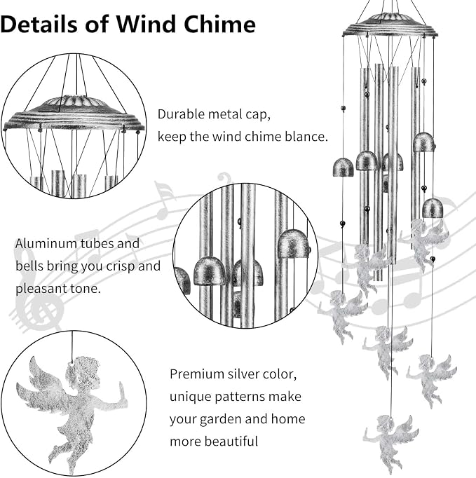 Angel Wind Chimes for Outside/Indoors, Angel Gifts for Women Mom Grandma, Sympathy Memorial Gift 37" Metal Windchimes, Hanging Decor for Home Patio Garden Porch Yard (Silver-Angel)