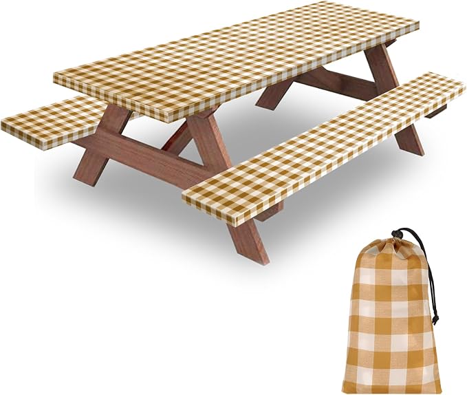 8ft Picnic Table and Bench Cover, Camping Essentials RV Gear, 96 in Waterproof Windproof Outdoor Elastic All Around Tablecloth, Fitted Rectangle Tables and Seats, Coffee-White Checkered