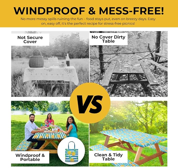 RNOONY 6ft Polyester Picnic Table Cover with Bench Covers Windproof & Waterproof Tablecloth, Perfect for Camping Gifts & RV Essentials, Cool Camping Gadgets, with Carrying Bag, 72x30 Inches, 4Pcs