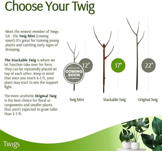 Twigs GA Stackable Plant Support Stakes, Begonia Red, 3-Pack, 17" L | Made in USA, UV-Protected Sticks, Natural-Looking Stem Support Stakes, Stackable Poles for Indoor & Outdoor Plants up to 5ft