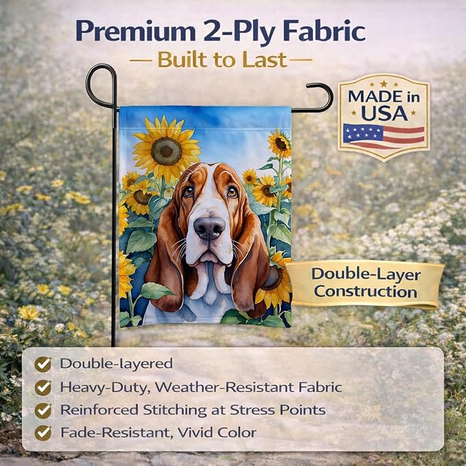 Caroline's Treasures DAC6018GF Basset Hound in Sunflowers Garden Flag Mailbox Flag Decorative Yard Flag Banner Outside Patio Artwork Yard Flower Beds, Garden Size, Multicolor