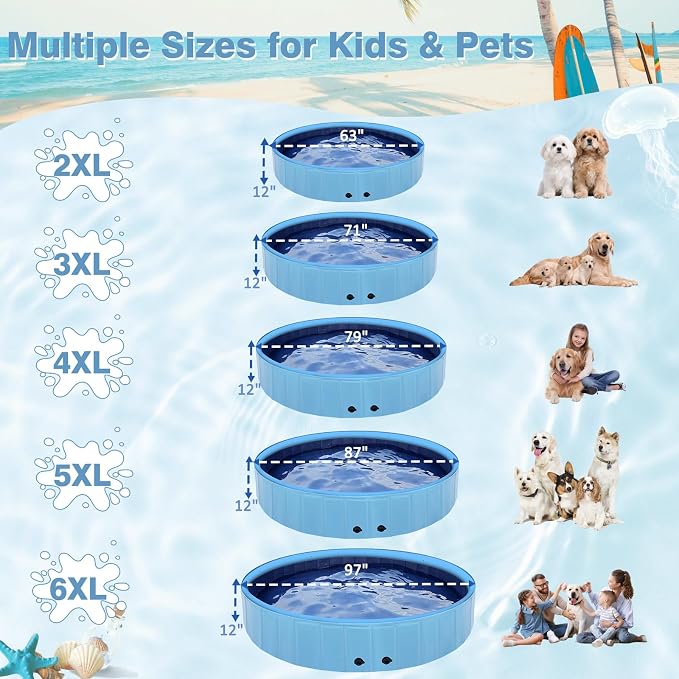 Eooqi Foldable Dog Pool with Sprinkler, Extra Large Thickened Splash Pool | 2-in-1 Outdoor Summer Water Play Toy, Non-Slip Hard-Side Kiddie Pool for Backyard Dogs, Kids & Pets (Blue, 79"-4XL)