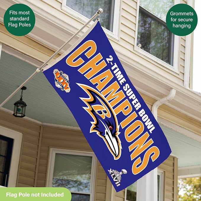 Team Sports America NFL Baltimore Ravens Multi-Win Superbowl Champions 3x5 Flag for Outside with Grommets | Outdoor & Indoor | Heavy Duty Flag & Banner | Works with Flag Pole for Outside House