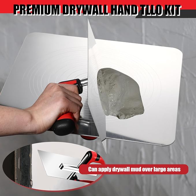Lasnten Drywall Finishing Tools Kit 11 Inch Stainless Steel Hand Plastering Trowel Flat Concrete Masonry Mud Hawk with Ergonomics Handle 13 Inch Aluminum Mortar Board Holder Construction Set
