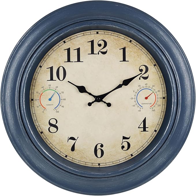 18 Inch Large Outdoor Clock with Thermometer & Hygrometer, Waterproof Coastal Indoor Outside Wall Clock for Patio, Pool, Garden, Backyard, Farmhouse Decor, Retro Blue