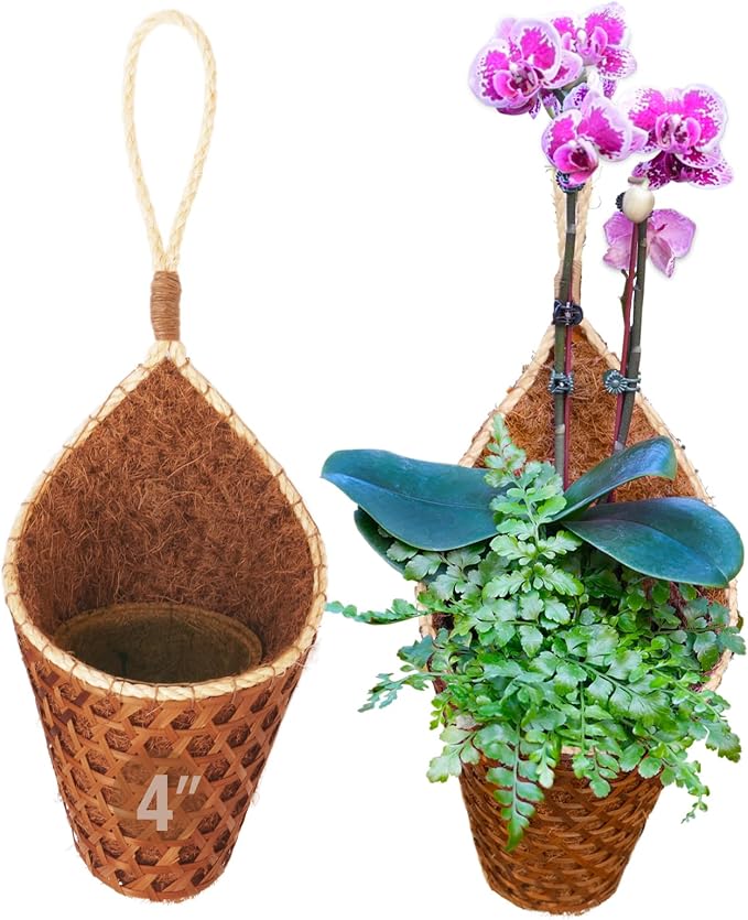 Thai Coconut Fiber Hanging Plants Flowers Basket for Patio Summer Outdoor Outside Decoration (4 Inch 2-Pack)