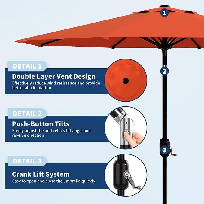 Garvee 10FT Patio Umbrella - Outdoor Table Umbrella with Smooth Crank Lift, Push Button Tilt and 8 Sturdy Ribs - Market Umbrella UV Protection Waterproof for Pool, Deck, Yard, Garden