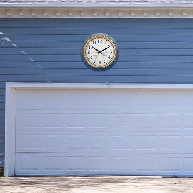 OCEST 16 Inch Indoor Outdoor Clock, Waterproof Wall Clock with Thermometer Hygrometer, Silent Non-Ticking Battery Operated Decor for Home Decor, Patio(Blue)