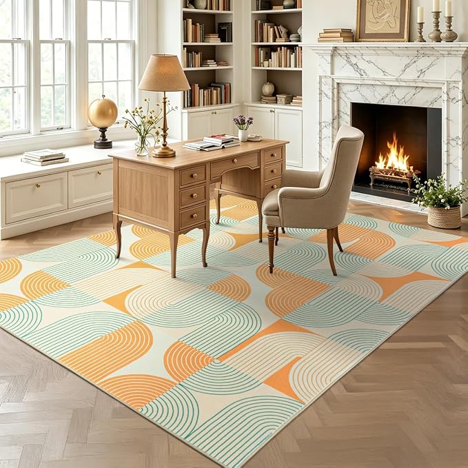 8x10 Area Rugs Washable Living Room Rug - Non-Slip Carpets Modern Rug | Neutral Soft Abstract Carpet Indoor Floor Stain Resistant Large Carpets for Bedroom Dining Room Nursery Home Office, Orange