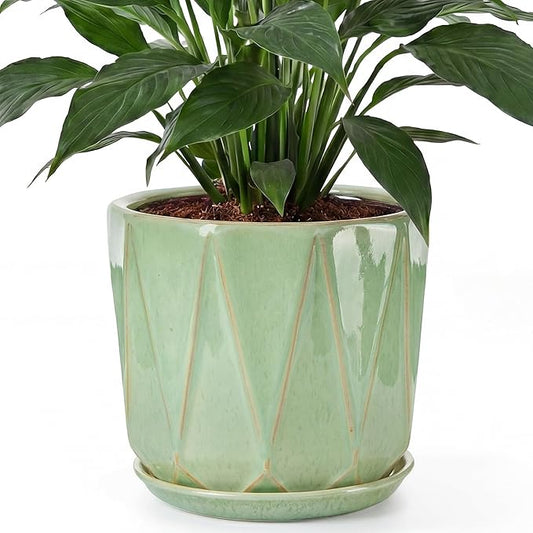 10 Inch Ceramic Plant Pot with Drainage Hole Mesh Net, Large Flower Pots for Indoor Plants with Saucer, Gardening Pots Outdoor (Crackle-Green)