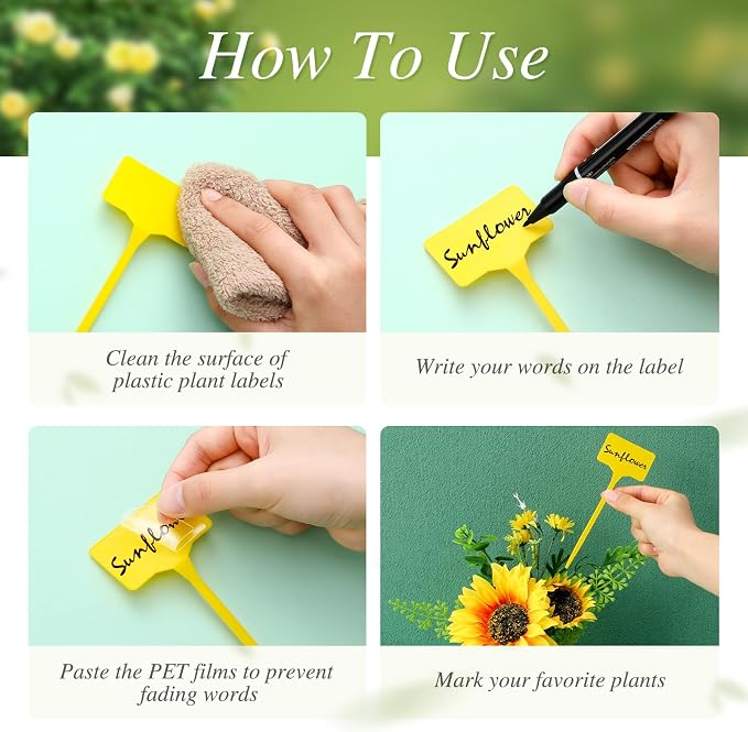 Marsui 202 Pcs Large Plant Labels Kit, Include 100 Outdoor Plastic Plant T Type Tags Waterproof Reusable Plants Markers Stakes, 100 PET Films and 2 Marker Pens for Herbs Pot (Multicolor,6 Inch)