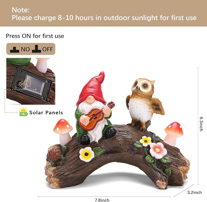 Solar Garden Statues Owl Gnomes Outdoor Decor Resin Owl Figurine with Mushroom Lights for Patio Lawn Yard Decorations Christmas Birthday Housewarming Gardening Gifts for Women Mom