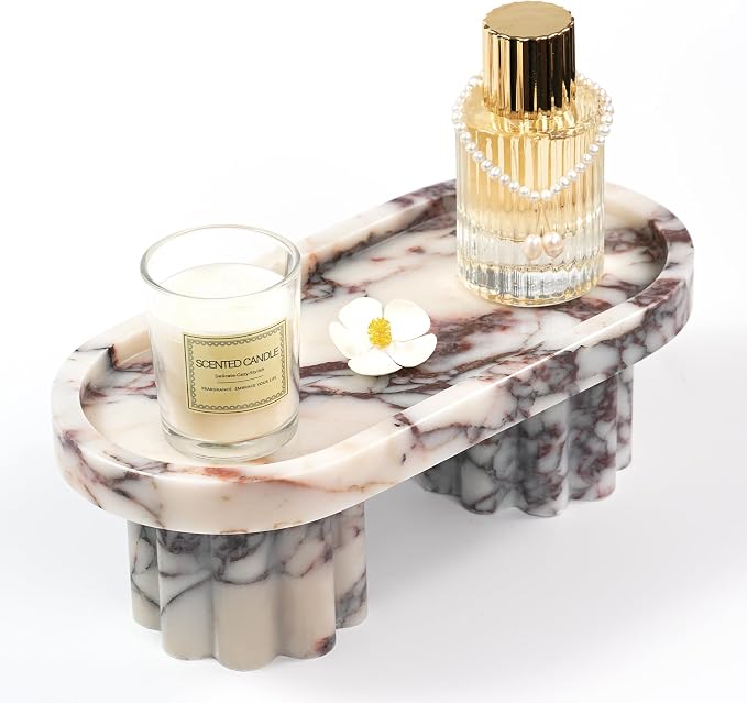 Marble Perfume Tray with Legs - Oval Decorative Stone Pedestal for Bathroom Vanity Coffee Table Kitchen Countertop, Footed Jewelry Candle Organizers Catchall Plate Riser with Scalloped Feet