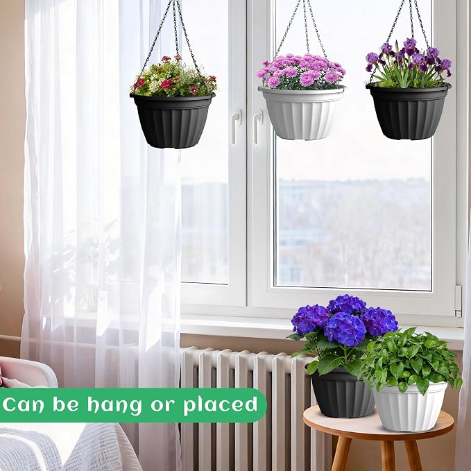 FGstyle 6 Pack Hanging Planters 10 Inch(Black & White),Self Watering Pots for Indoor Plants,Plastic Hanging Basket with Soil Elevator and 20" Chain for Home Garden Porch Balcony Patio Decor