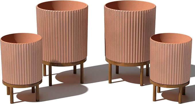 Veradek Demi Series Round Planter w/Stand for Porch/Patio | Durable Plastic-Stone Composite & Wooden Stand | Modern Décor for Tall Plants, Flowers