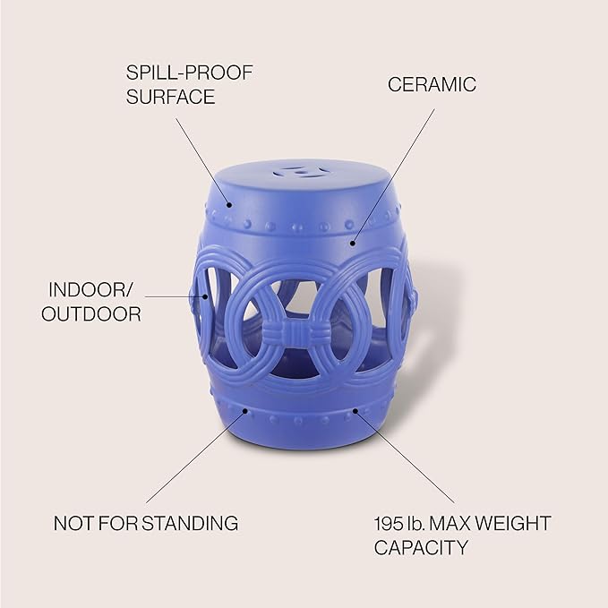 JONATHAN Y Lucky Coins 16" Ceramic Garden Stool, Contemporary Matte Blue Cutout Interlocking Rings Drum Indoor/Outdoor Side Table and Plant Stand for Patio, Garden, Living Room TBL1022D