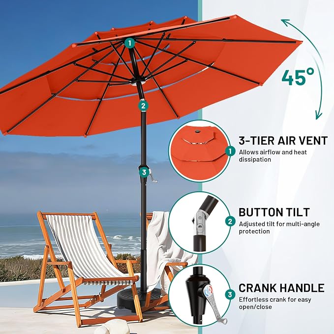 AreShark 9ft 3-Tier Patio Umbrellas, Outdoor Umbrella with 8 Sturdy Ribs UV Protection Windproof, Market Table Umbrella w/Push Button Tilt & Crank for Pool, Porch, Deck, Garden(Orange)