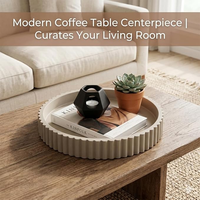 11" Round Concrete Decorative Centerpiece Tray for Coffee Table Grey | Modern minimalist centerpiece tray for coffee table, living room, dining & office storage display, sturdy tabletop home decor