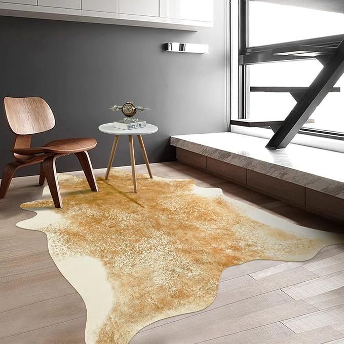 Washable Cowhide Rug for Living Room, Large 6x7 Khaki Faux Cow Print Area Rugs, Non Slip Animal Skin Bedroom Carpet, Rustic Western Home Decor Fake Hide Floor Mat for Office Fireplace