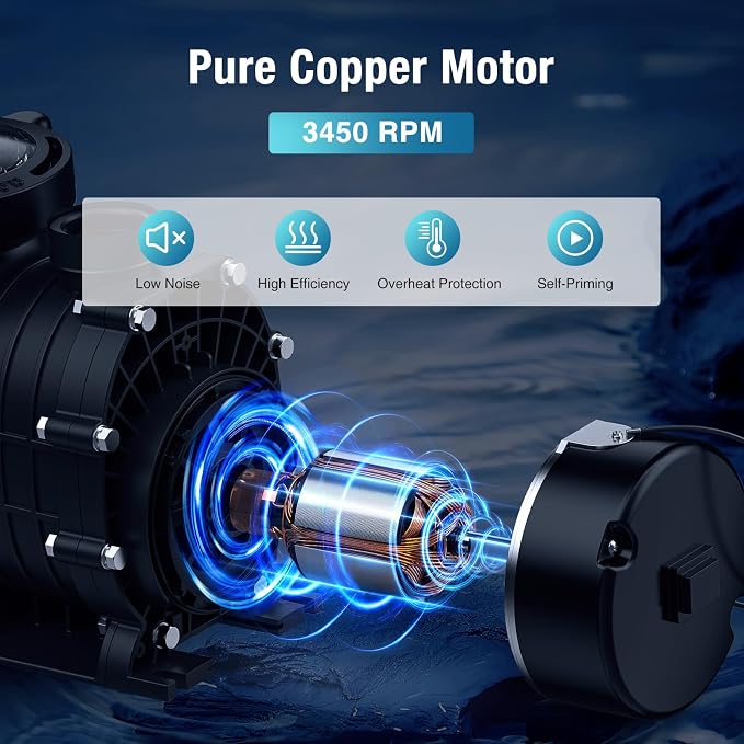 CrestWave 2 HP In/Above Ground Pool Pump Dual Voltage 115V/230V | 6816GPH High Flow Self-Priming Pump, Low Noise Heavy Duty w/Large Strainer Basket, 3-Size Connectors (1.5", 2", 1.25"-1.5")